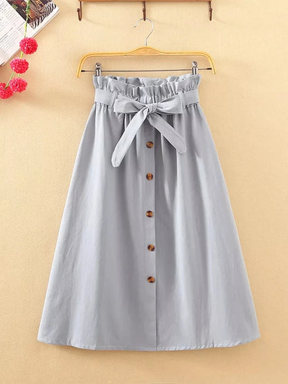 Midi Skirts - Summer Autumn Skirts Womens Midi Knee Length Korean Elegant Button High Waist Skirt Female Pleated School Skirt