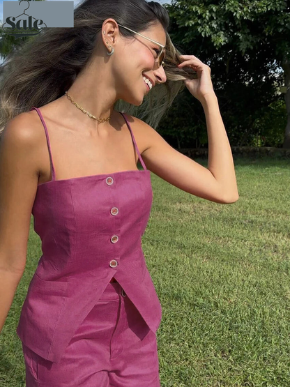 Pants Sets - Summer Loose Pink Cotton Trousers Set 2 Pieces Women 2025 Sexy Sleeveless Tank Top With High Waist Wide Pants Set Female