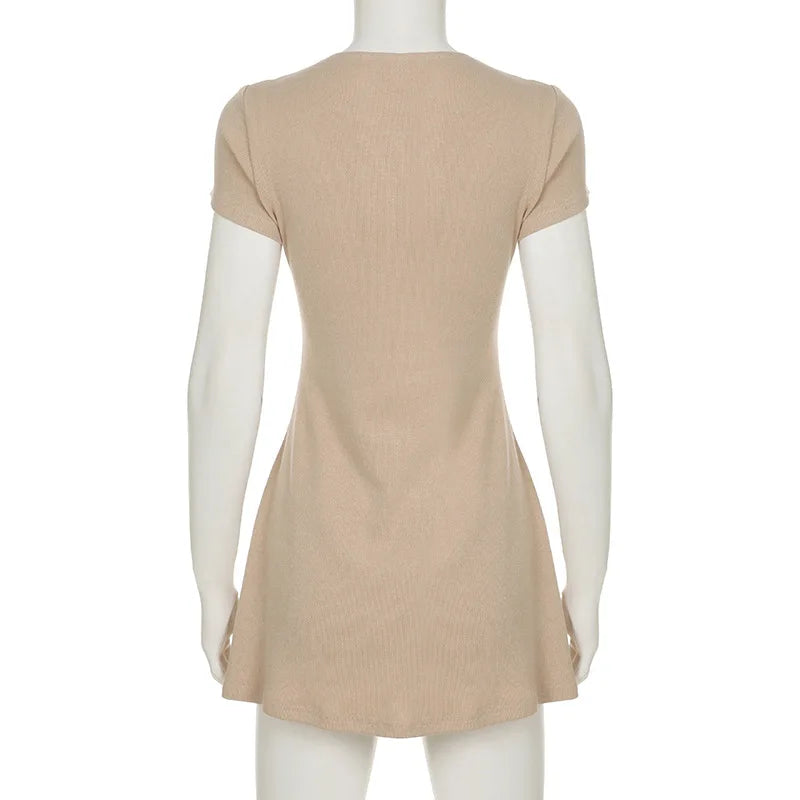 Casual Dresses - Summer New Knitted Mini Dress Female Elegant V Neck Buttons Short Sleeve Dress High Elasticity Casual Women's Dress