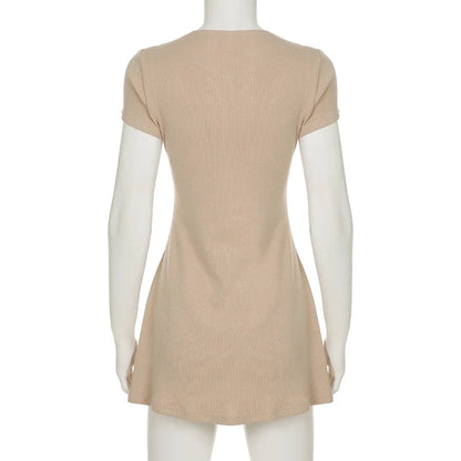 Casual Dresses - Summer New Knitted Mini Dress Female Elegant V Neck Buttons Short Sleeve Dress High Elasticity Casual Women's Dress