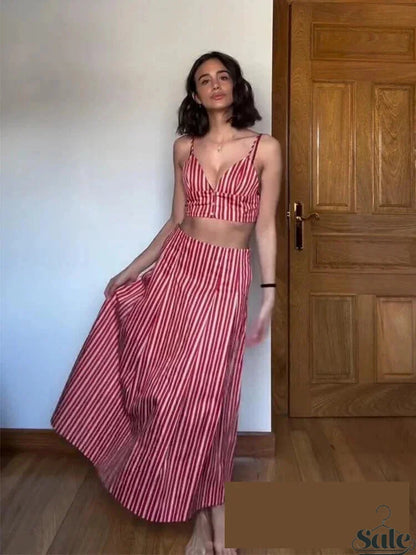 Skirts set - Sexy Club Chic Striped Women Suit Crew Neck Sleeveless Top Loose Long Straight Skirt Fashion 2025 Spring Summer Set