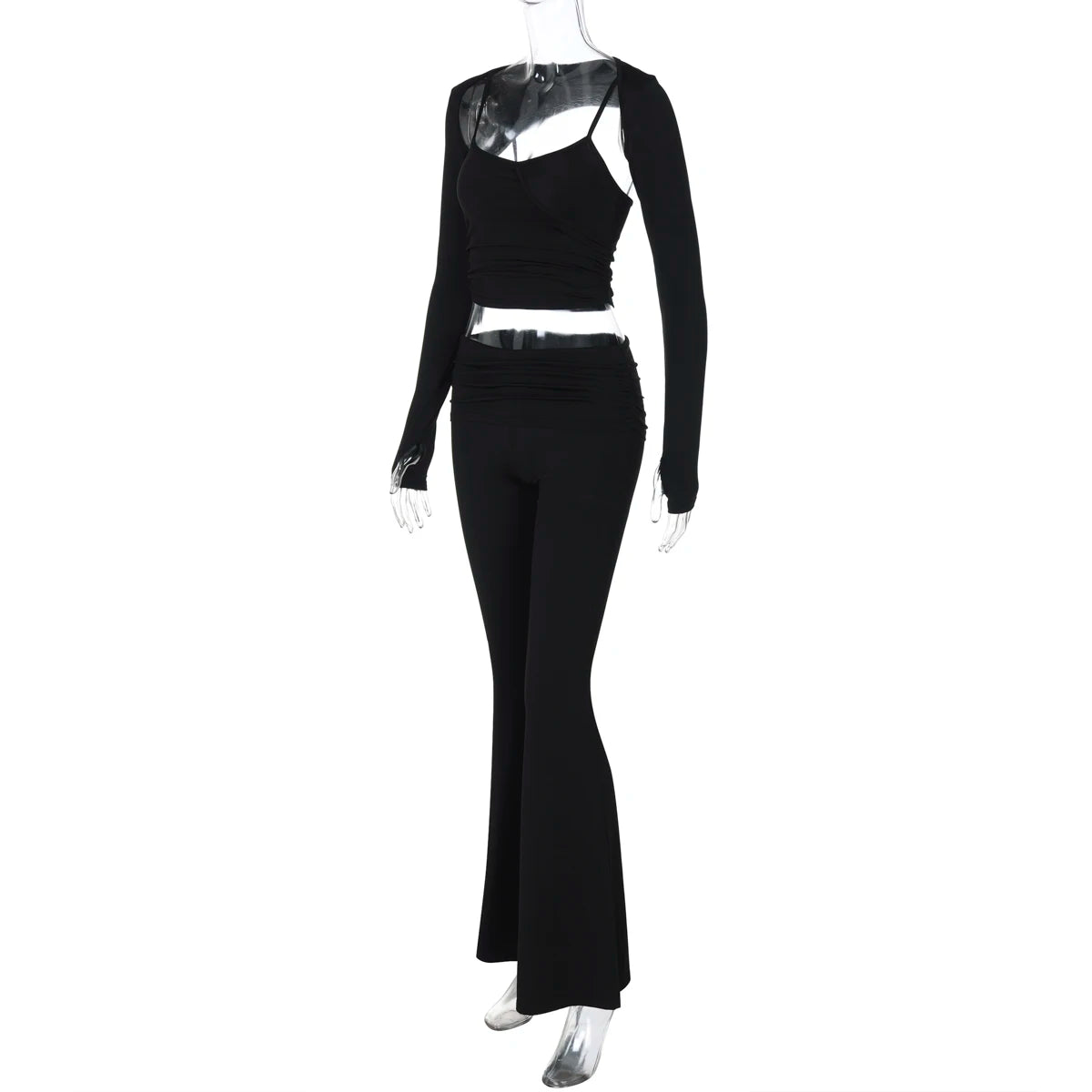 Matching Sets - Sexy Casual 2 Piece Pants Set Sleeveless Camisole With Long Sleeve Waistcoat Flare Pants Matching Set Club Streetwear