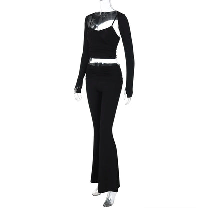 Matching Sets - Sexy Casual 2 Piece Pants Set Sleeveless Camisole With Long Sleeve Waistcoat Flare Pants Matching Set Club Streetwear