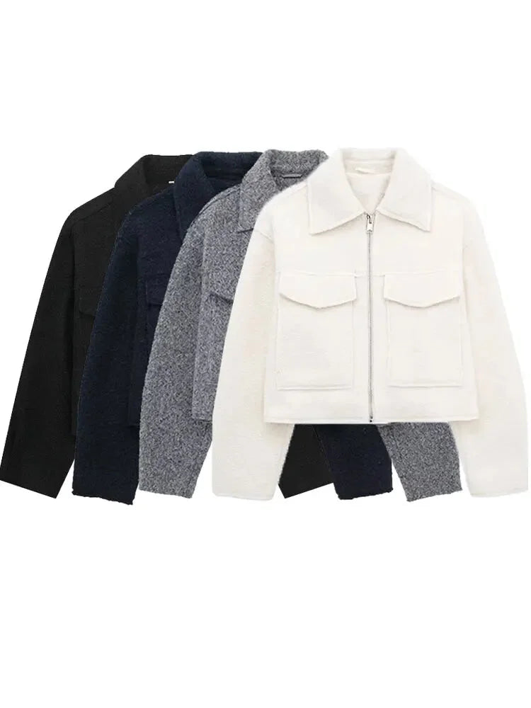  - 2024 Autumn Women's Cropped Jacket OuterwearLong Sleeve With Pocket Zipper Faux Fur Coat Fashion Women's Clothing