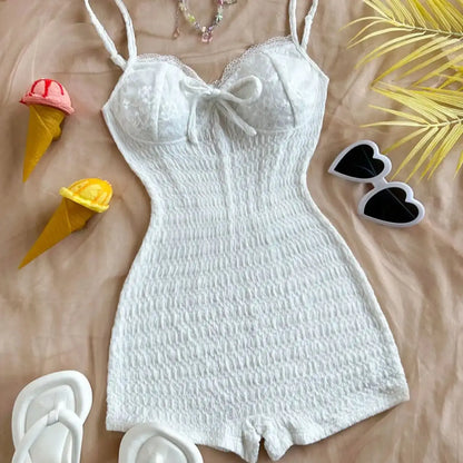 Rompers - Pure Wind Skinny-looking Onesie Strap Package Hip Vacation Premium Sense Backless Net Infrared Wear With Lace Edge