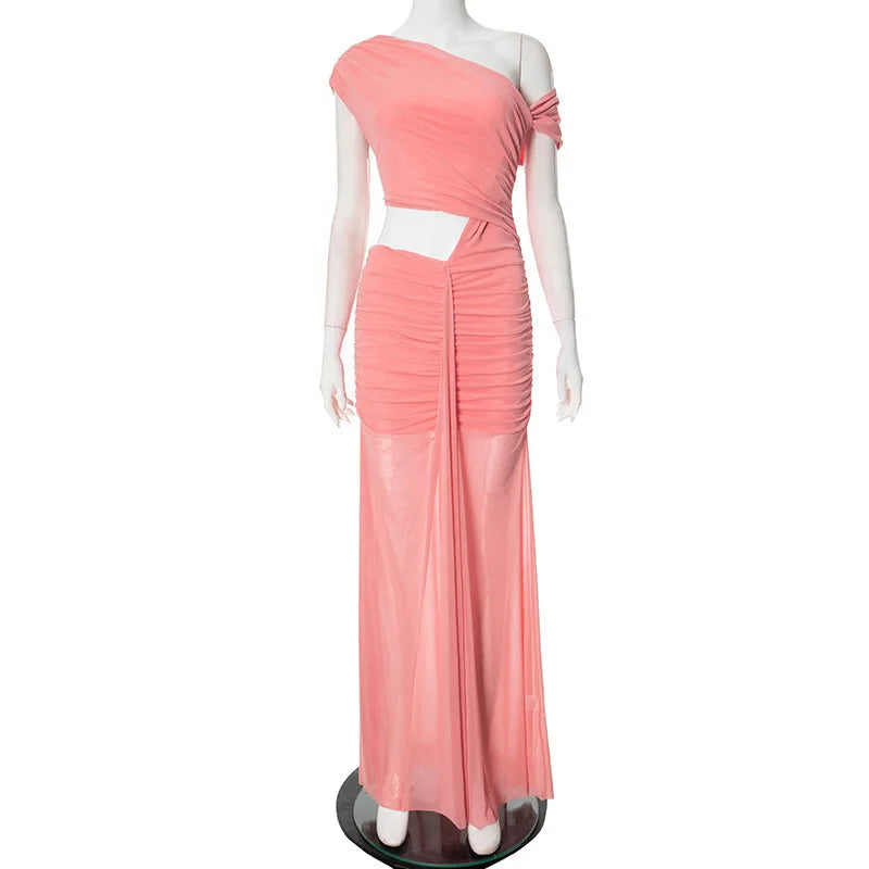 Elegant Dresses - Sexy Sleeveless Hollow Out Pleated Patchwork Maxi Dress For Women High Waist Off-shoulder Slim Club Party Long Dress