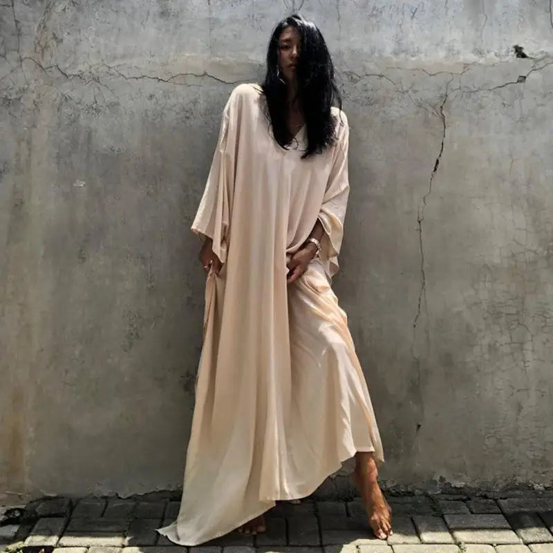 Kaftans - Women's Clothing Swimwears Solid Color Cover Up V Neck Batwing Sleeve Plus Size Beach Kaftan Dresses