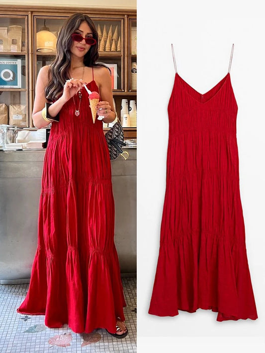 - Elegant Suspender Maxi Dress Women Sexy Summer Pleated Sling Beach Dress Female Backless V-neck Vacation Evening Long Vestidos