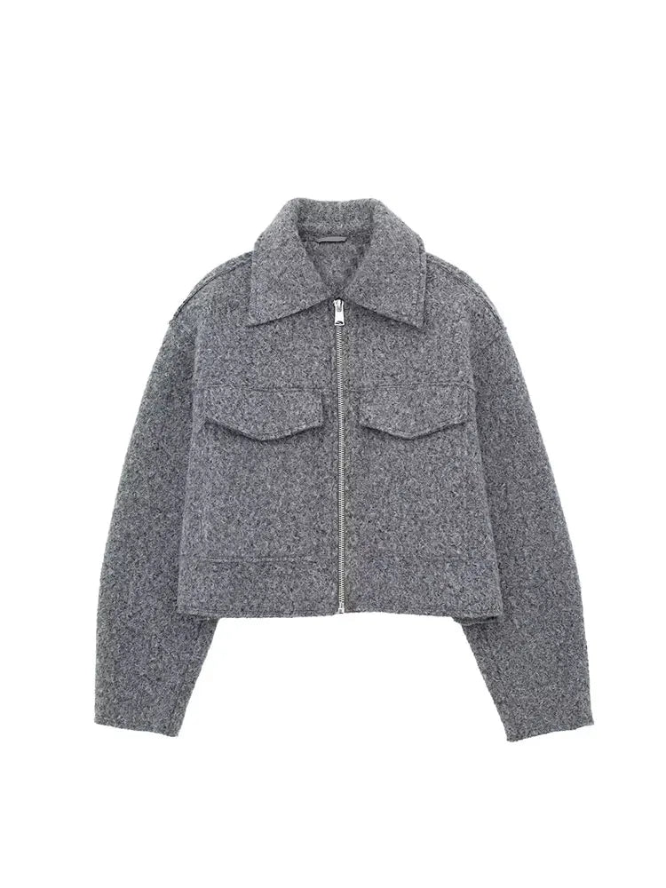  - 2024 Autumn Women's Cropped Jacket OuterwearLong Sleeve With Pocket Zipper Faux Fur Coat Fashion Women's Clothing