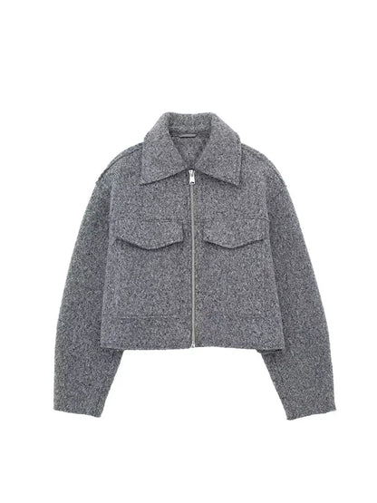  - 2024 Autumn Women's Cropped Jacket OuterwearLong Sleeve With Pocket Zipper Faux Fur Coat Fashion Women's Clothing