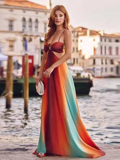 Elegant Dresses - Tie-dye Gradient Hollow Out Women's Maxi Dress Elegant Off Shoulder A-line Hem Long Dresses New Summer 2025 Holiday Female Robes