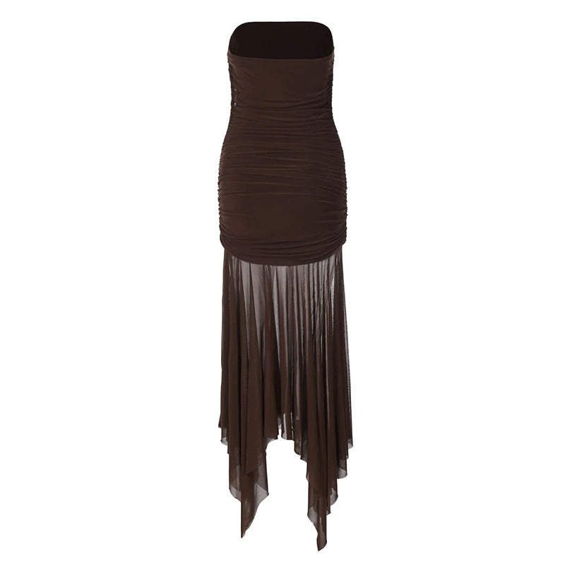 Elegant Dresses - Off-shoulder Strapless Sexy Maxi Dress For Women Borwn Sleeveless Backless High Waist Bodycon Club Long Dress Elegant