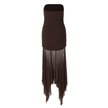 Elegant Dresses - Off-shoulder Strapless Sexy Maxi Dress For Women Borwn Sleeveless Backless High Waist Bodycon Club Long Dress Elegant