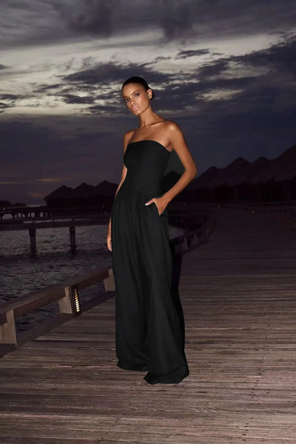 Pantsuits - Summer Women's Jumpsuit Fashion Strapless Solid Color Sleeveless Loose Wide Legs Pants Casua Romper High Streetwear Female Cloth
