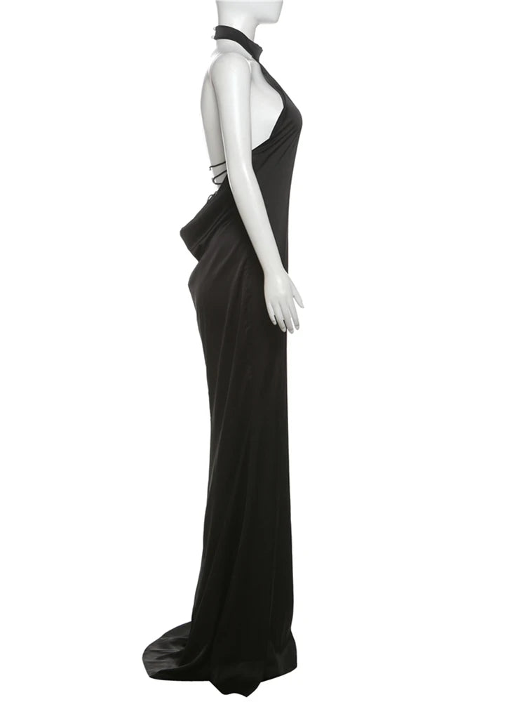 Elegant Dresses - Halter Dress Women Smooth Backless Satin Silky Summer Trend Birthday Banquet Party Elegant Sleeveless Skinny Maxi Bodycon