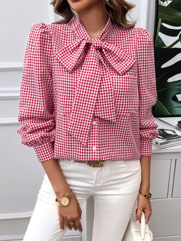 Elegante Gingham-Bluse mit Fliege – Perfekt fürs Büro