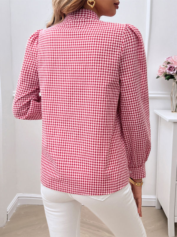 Elegante Gingham-Bluse mit Fliege – Perfekt fürs Büro