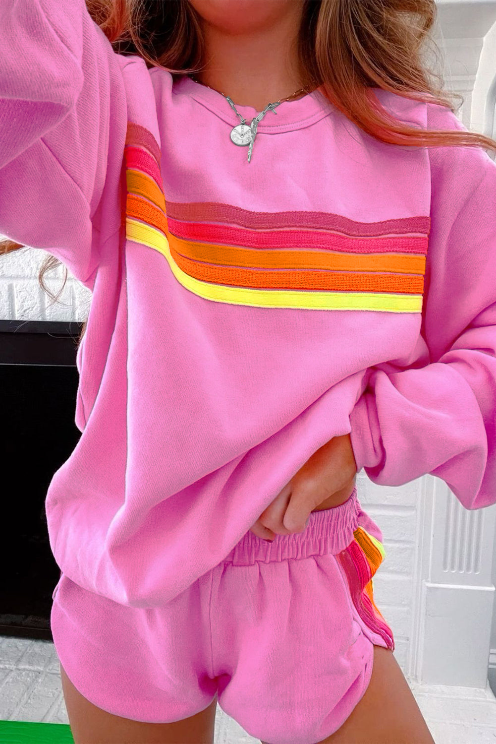 Trendy Striped Cotton Lounge Set with Pullover & Shorts