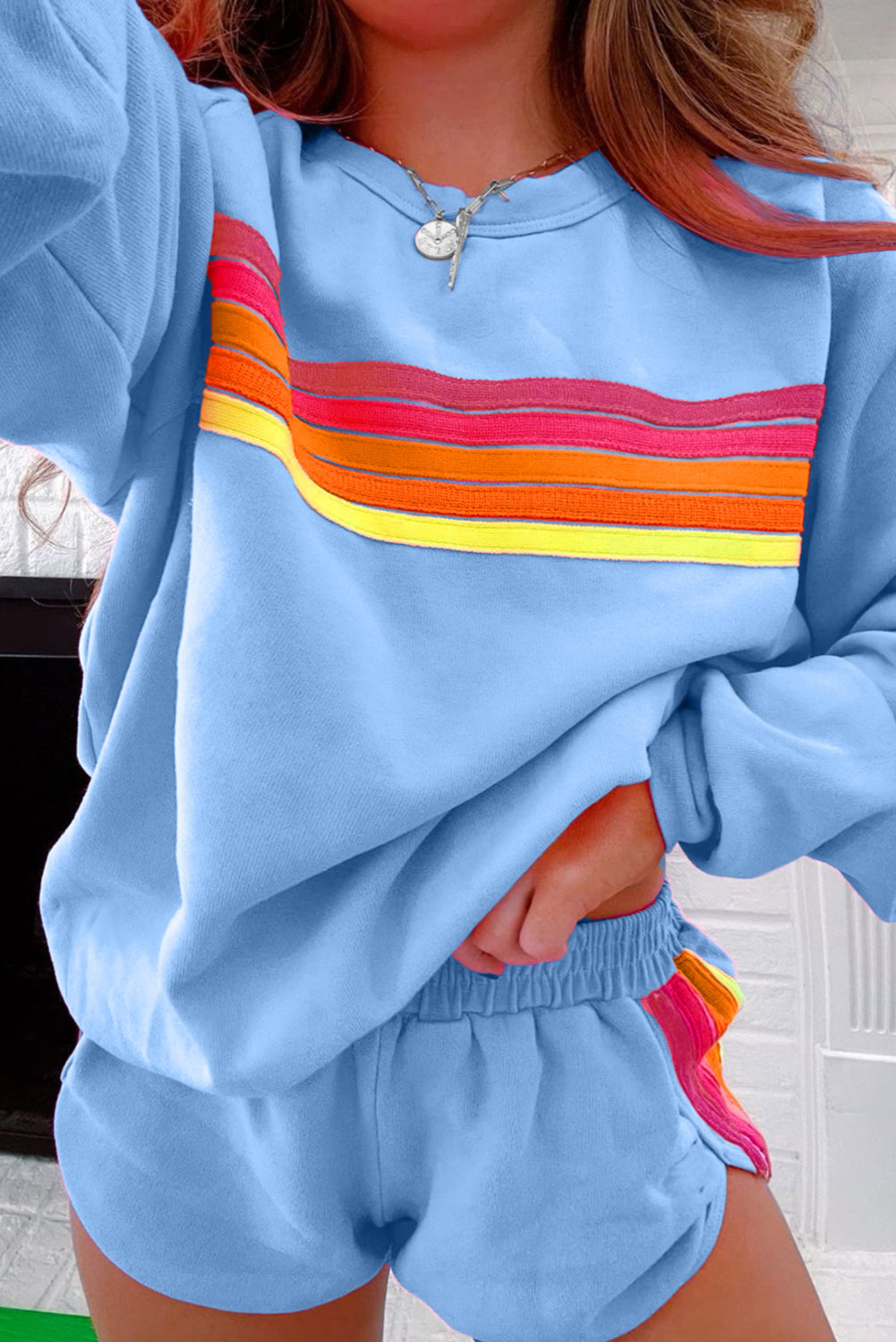 Trendy Striped Cotton Lounge Set with Pullover & Shorts