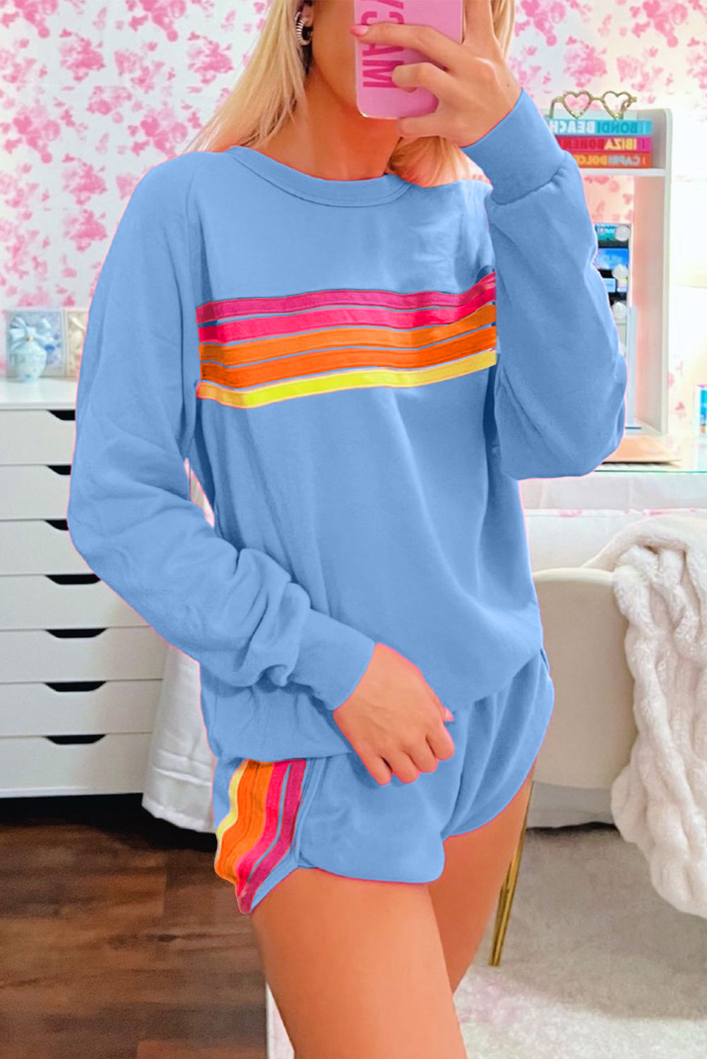 Trendy Striped Cotton Lounge Set with Pullover & Shorts