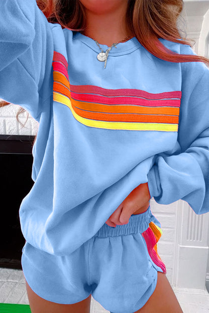 Trendy Striped Cotton Lounge Set with Pullover & Shorts