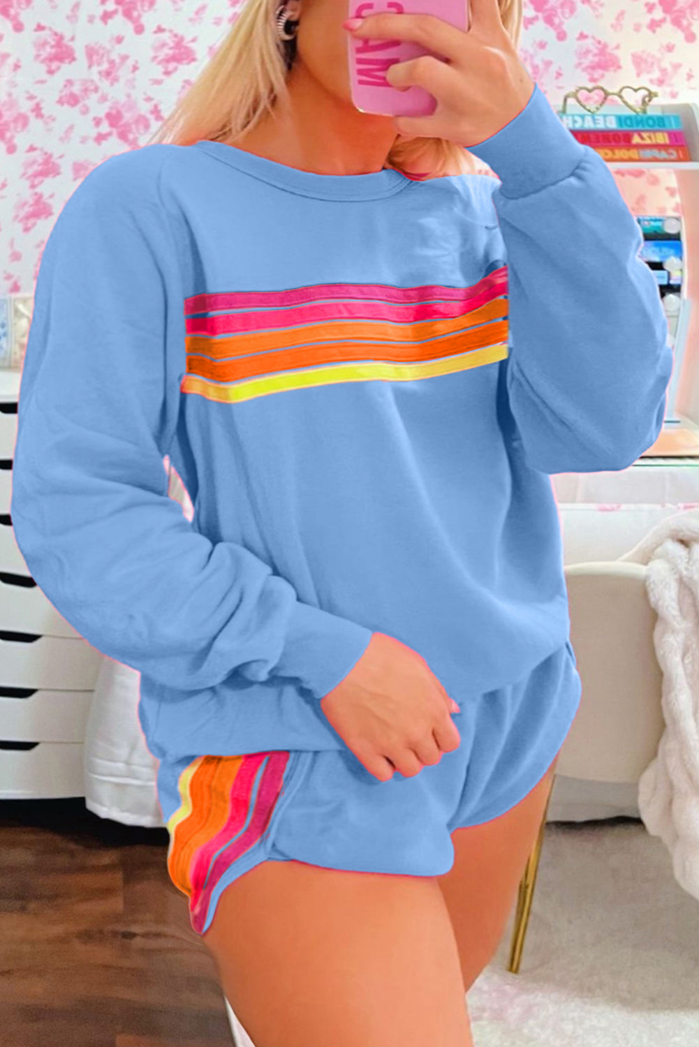 Trendy Striped Cotton Lounge Set with Pullover & Shorts