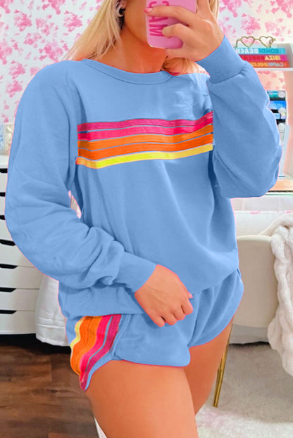 Trendy Striped Cotton Lounge Set with Pullover & Shorts