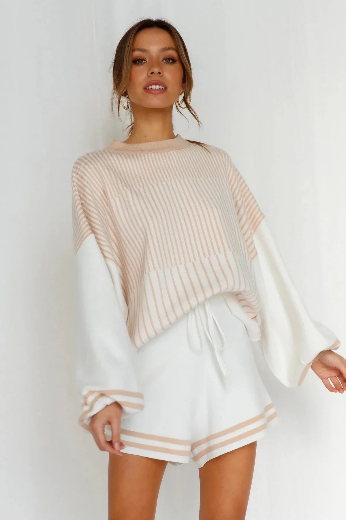 Shorts Sets- Drop-Shoulder Sweatshirt & Matching Shorts Comfy Two-Piece Set- - Chuzko Women Clothing