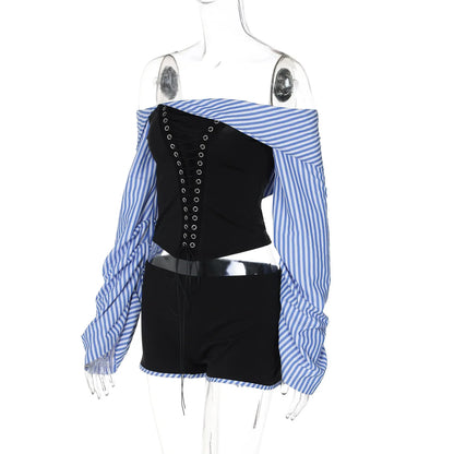 Shorts Sets - Off-Shoulder Striped Corset Set Top & Matching Shorts