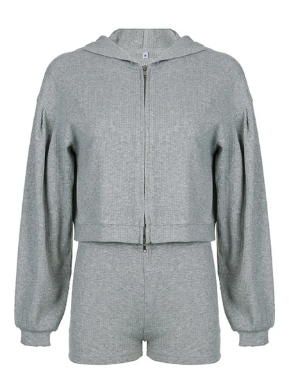 Sporty Ribbed Trio Shorts, Bra, and Zip-Up Cardigan Set