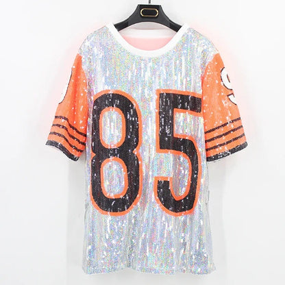 Sporty Outfits - Sporty Sequined T-Shirt Dress for Super Bowl Game Day