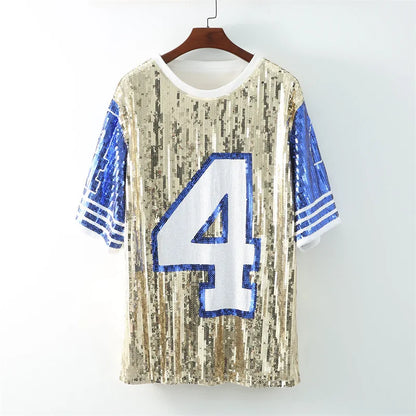 Sporty Outfits - Sporty Sequined T-Shirt Dress for Super Bowl Game Day