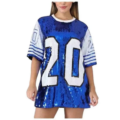 Sporty Outfits - Sporty Sequined T-Shirt Dress for Super Bowl Game Day