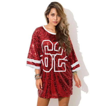 Sporty Outfits - Sporty Sequined T-Shirt Dress for Super Bowl Game Day