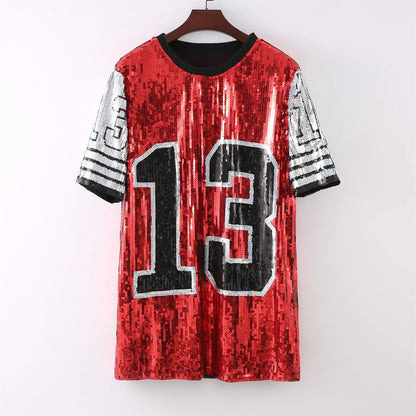 Sporty Outfits - Sporty Sequined T-Shirt Dress for Super Bowl Game Day