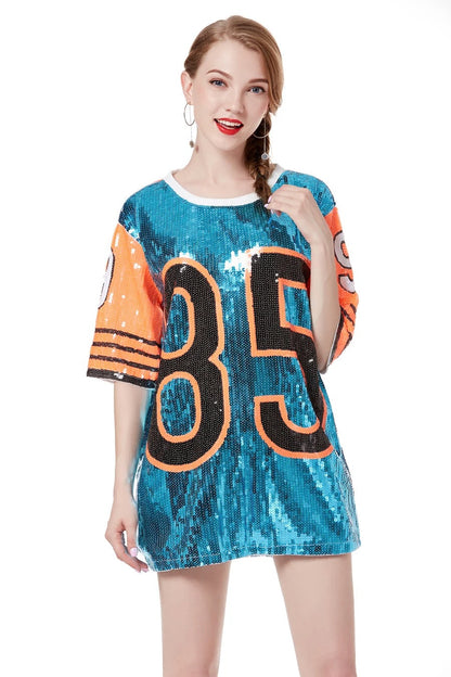 Sporty Outfits - Sporty Sequined T-Shirt Dress for Super Bowl Game Day