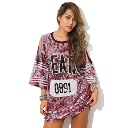 Sporty Outfits - Sporty Sequined T-Shirt Dress for Super Bowl Game Day