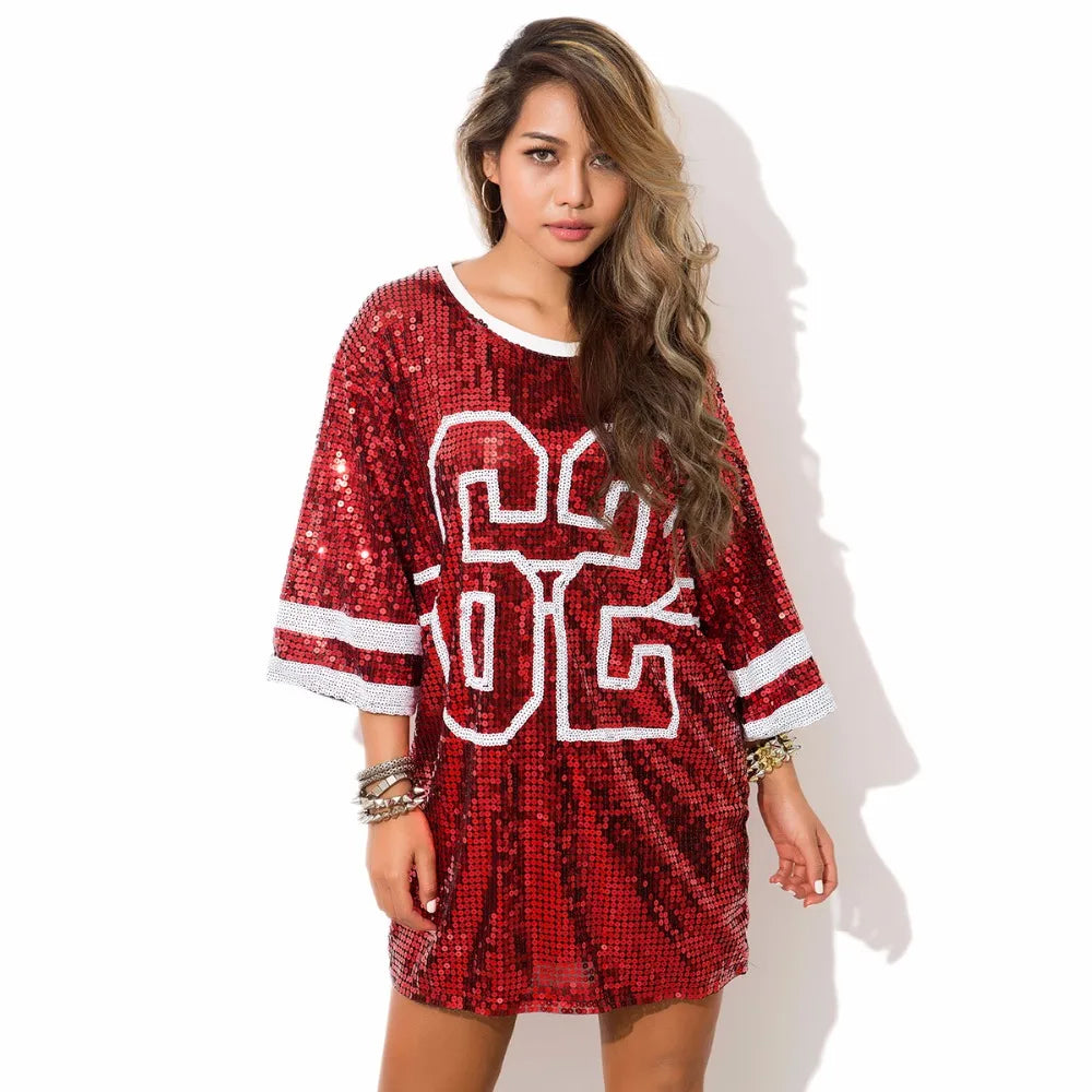 Sporty Outfits - Sporty Sequined T-Shirt Dress for Super Bowl Game Day