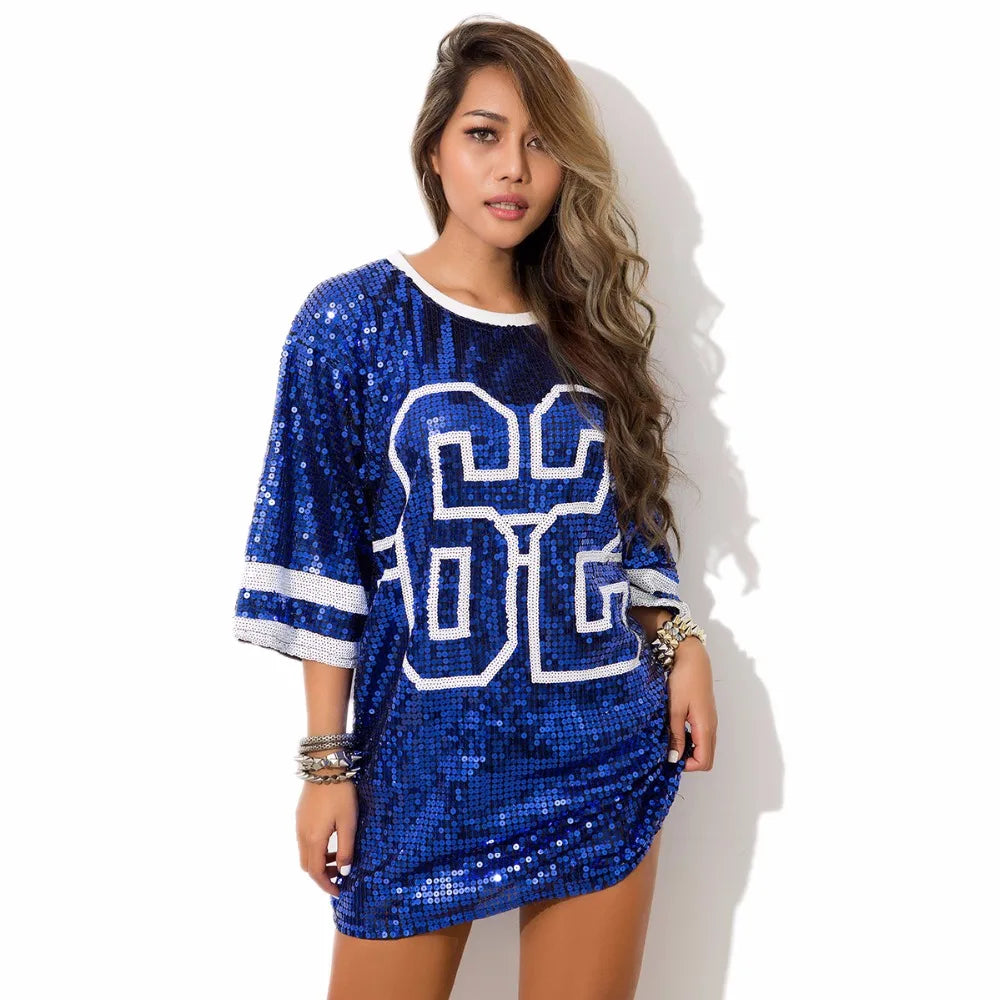 Sporty Outfits - Sporty Sequined T-Shirt Dress for Super Bowl Game Day