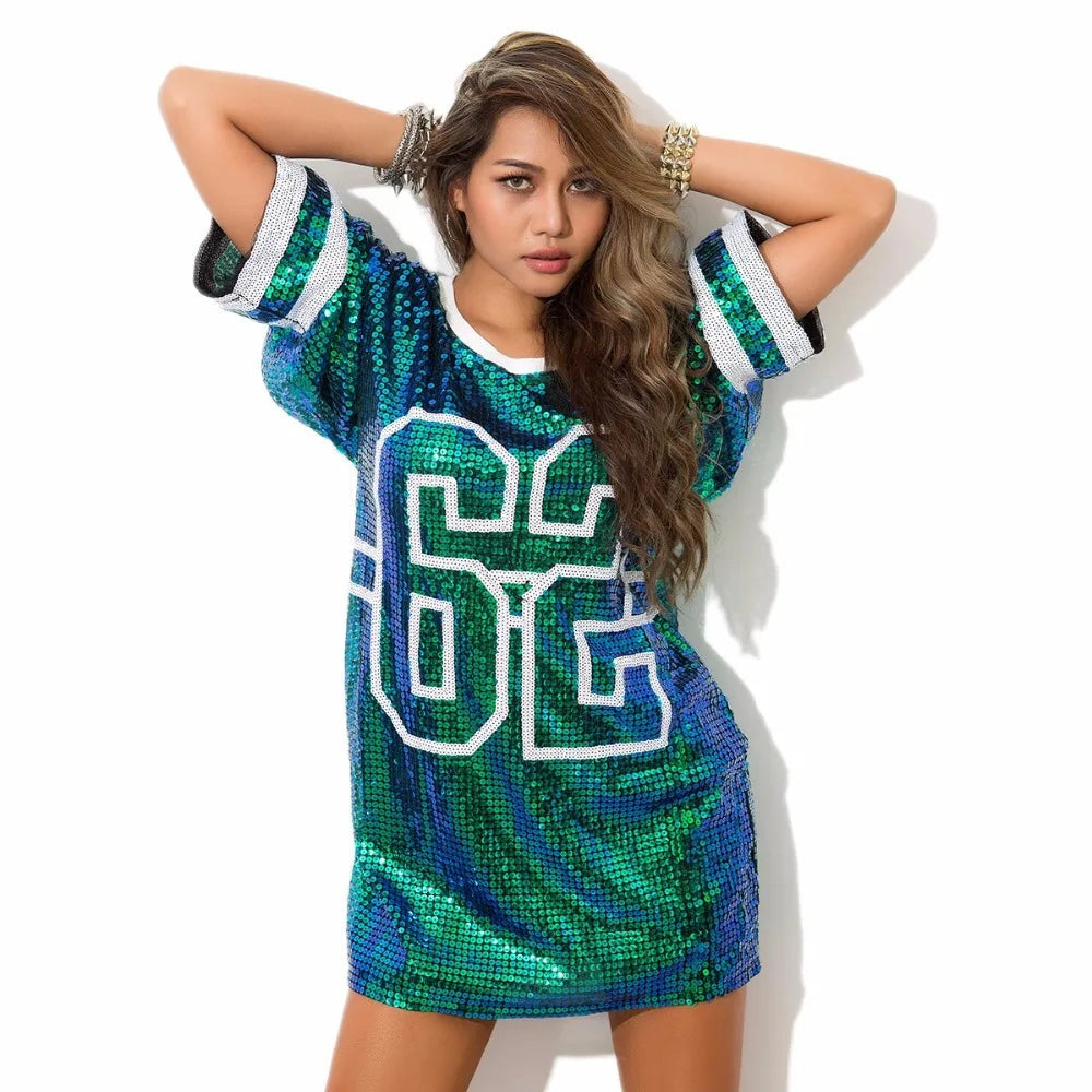 Sporty Outfits - Sporty Sequined T-Shirt Dress for Super Bowl Game Day