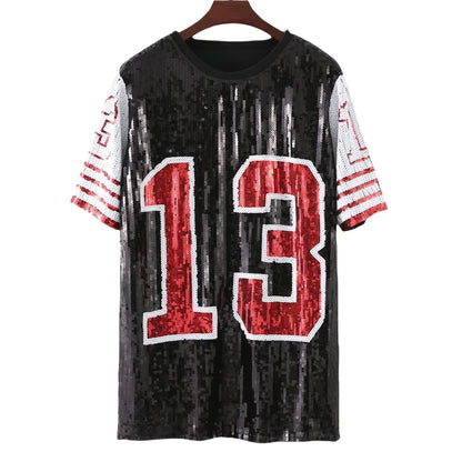 Sporty Outfits - Sporty Sequined T-Shirt Dress for Super Bowl Game Day