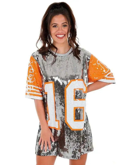 Sporty Outfits - Sporty Sequined T-Shirt Dress for Super Bowl Game Day