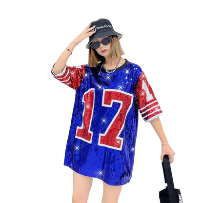 Sporty Outfits - Sporty Sequined T-Shirt Dress for Super Bowl Game Day
