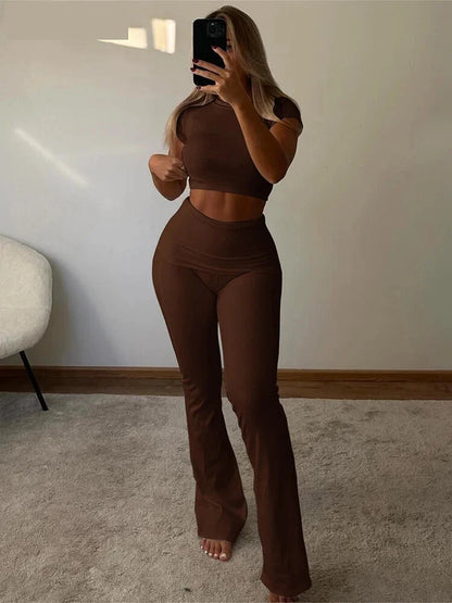 Sporty Outfits- Two-Piece Women's Outfit with Cropped Tee and Flared Palazzo Pants- Coffee- Pekosa Women Fashion