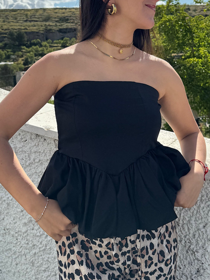Strapless Tops- Women's Strapless Peplum Top in Polka Dot Print- Black- Pekosa Women Fashion