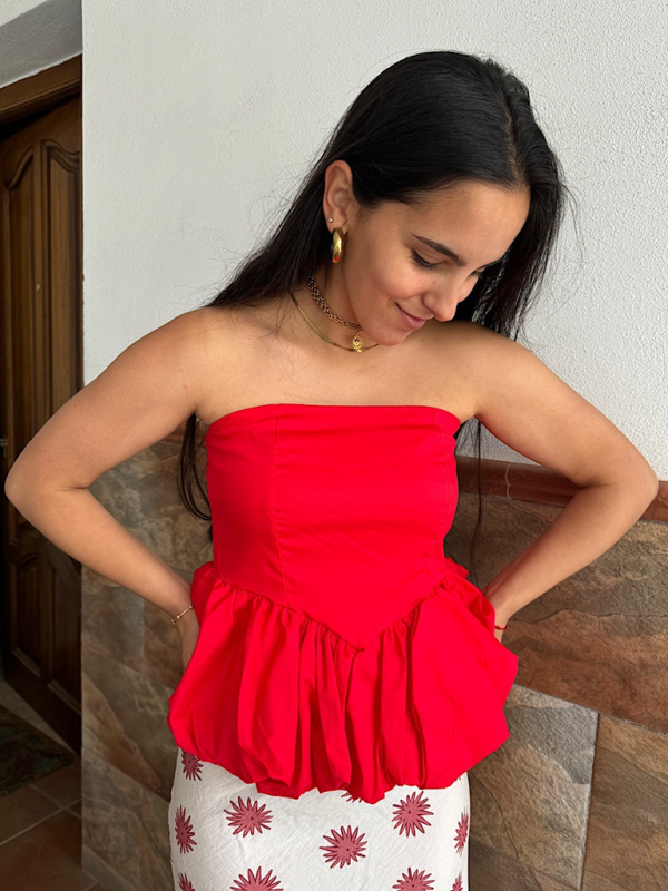 Strapless Tops- Women's Strapless Peplum Top in Polka Dot Print- Red- Pekosa Women Fashion