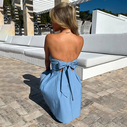 Summer Dresses - Blue Strapless Party Dress with Bowknot Back