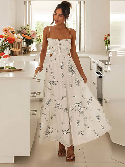 Summer Dresses - Casual Summer Maxi Dress - Sun Print & Backless