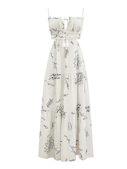 Summer Dresses - Casual Summer Maxi Dress - Sun Print & Backless