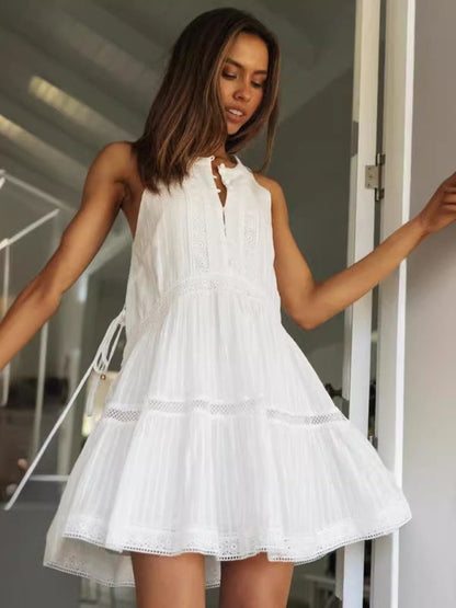 Summer Dresses- Classic Sleeveless A-Line Dress with Half-Buttoned Front- White- Pekosa Women Fashion